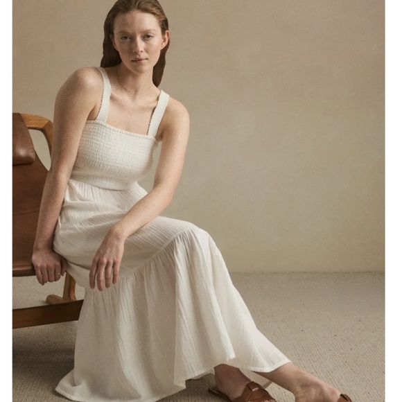 Quince White Organic Cotton Gauze Smocked Sleeveless Maxi Dress Size Small - Picture 1 of 14